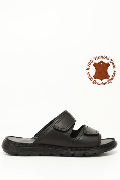 GÖNDERİ(R) Men's Black Double Velcro Genuine Leather Comfort Slippers