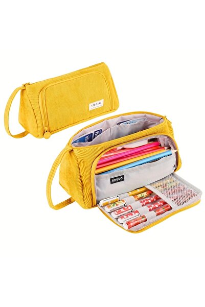 SYNOPE Yellow Linen Pencil Case - Wide Use Cosmetic Bag