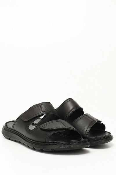 GÖNDERİ(R) Men's Black Double Velcro Genuine Leather Comfort Slippers