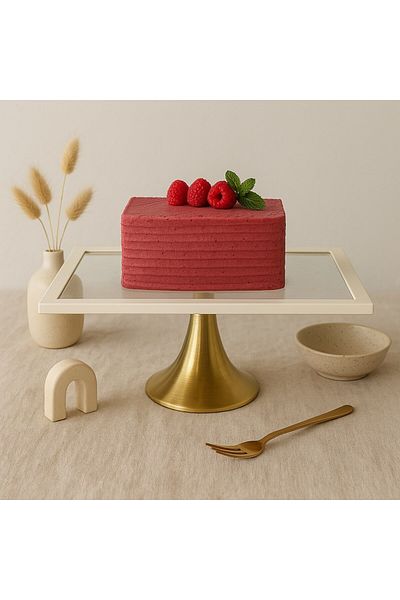 Fiyakalı Ürünler Atölyesi Cream Rectangular Cake Stand - Cake and Cookie Presentation Stand, Dowry, Gift and Cake Plate