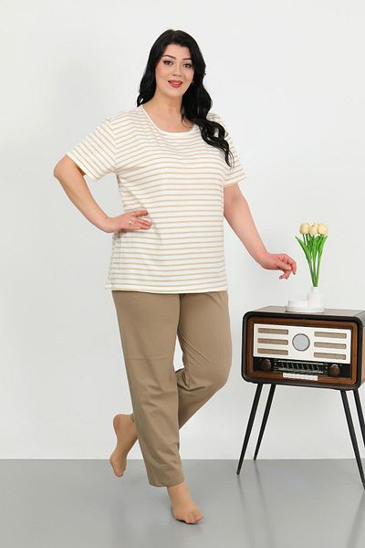 Akbeniz Women's Plus Size Pajama Set Short Sleeve Combed Cotton Milk Coffee 202505