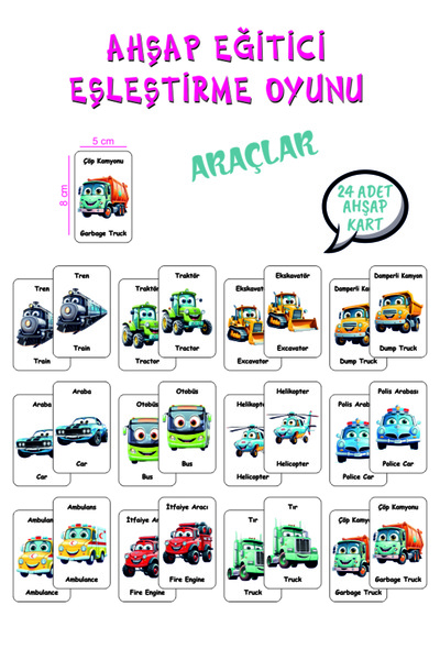 Tools Wooden Memory Matching Cards 12 Vehicles 24 Cards Turkish-English Memory Game