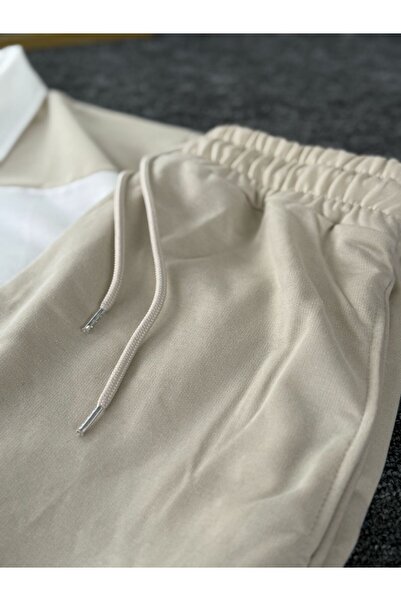 Altamira Men's Beige Striped Oversize Half Zipper Elastic Leg Sweatpants Set