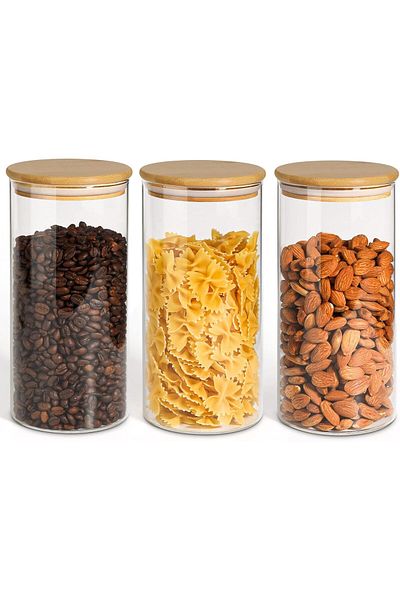Home Zone Set of 3, 1300 ml Storage Jars with Lid for Tea, Tea Bags, Oatmeal, Cornflakes, Laundry Detergent