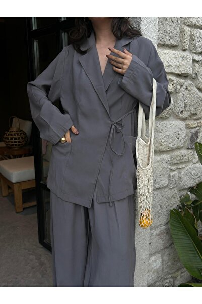 minaaise Women's Anthracite 100% Modal Fabric Tied Oversize Jacket 29106