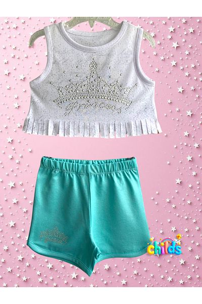 childs Double Crop Girl's Summer Suit Princess Stone Printed Shorts Suit Made of Devore Fabric
