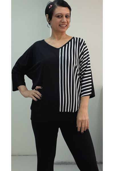 Mertcan Butik Black Bat Three Quarter Sleeve Black and White Color Block Skirt Manset Combed Viscose T-Shirt