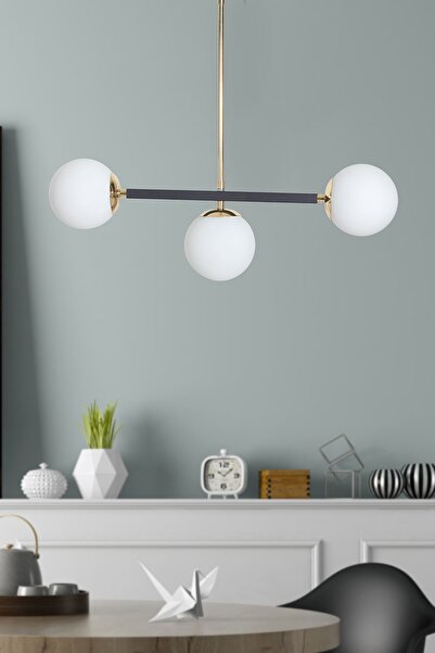 Luzarana Optik 3 Lü Gold-Siyah Metal Gövde Beyaz Camlı Tasarım Lüx Sarkıt Avize