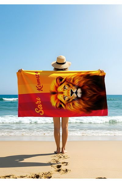 Viadela Lion Themed Yellow Red Beach Towel – Strong and Courageous Summer Design