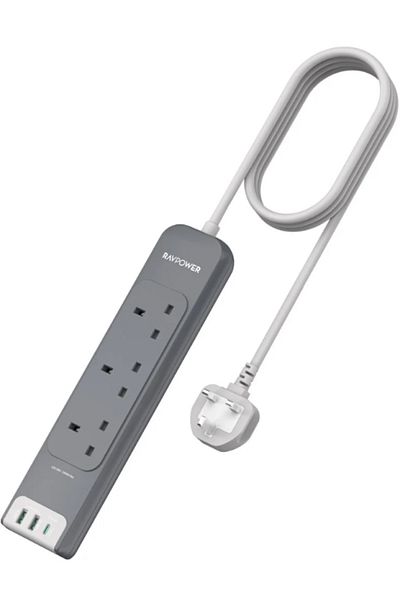 RavPower RAVPower 3-Port Power Strip with 2 USB Ports and 1 USB-C Port, 3 Meters, Grey