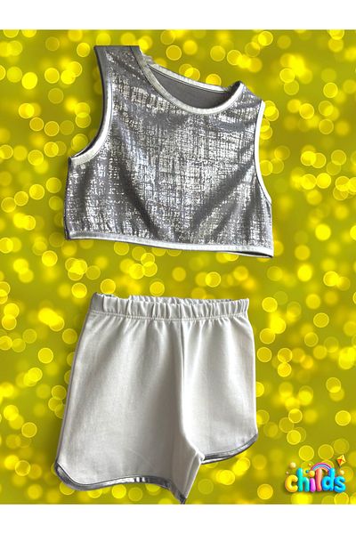 childs Double Girl's Shorts Summer Suit Combed Cotton Crop Shiny Printed Top White Combed Cotton Shorts