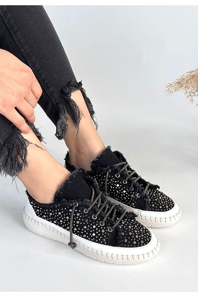 Butik Women's Black Denim Lace-Up Sports Shoes