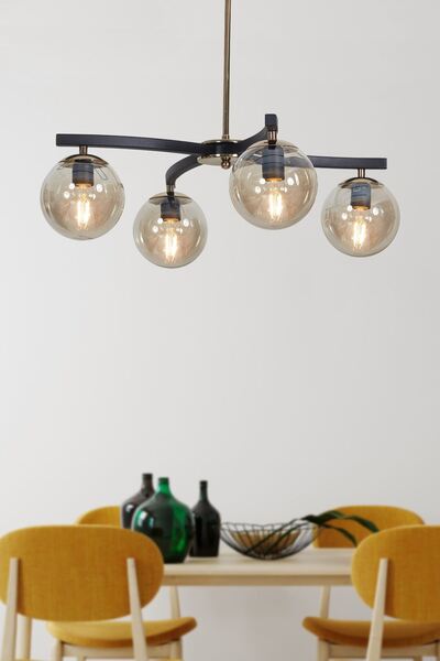 Luzarana Lara 4 Lü Gold-Siyah Metal Gövde Bal Rengi Camlı Tasarım Lüx Avize