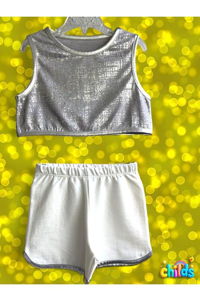 childs Double Girl's Shorts Summer Suit Combed Cotton Crop Shiny Printed Top White Combed Cotton Shorts