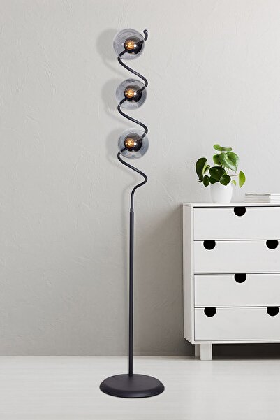 Luzarana Nora Siyah Metal Gövde Füme Camlı Tasarım Lüx Yerden Aydınlatma Lambader