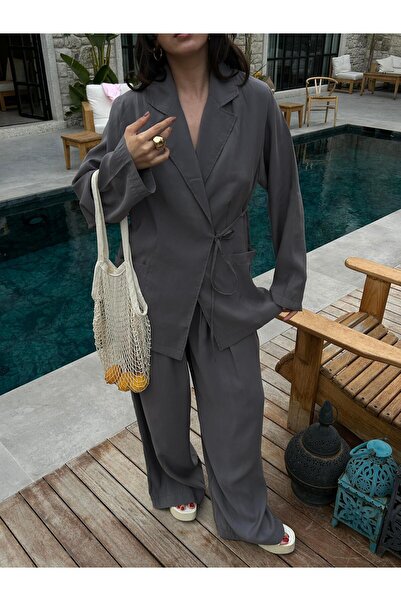 minaaise Women's Anthracite 100% Modal Fabric Tied Oversize Jacket 29106