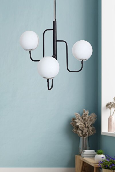 Luzarana Tera 3 Lü Siyah-Krom Metal Gövde Beyaz Camlı Tasarım Lüx Avize