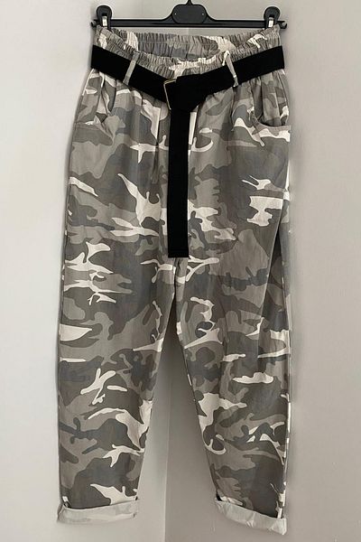AYASOFYA OTANTIK Women's Italian Beige Elastic Waist Belted Camouflage Patterned Lycra Loose Carrot Baggy Trousers