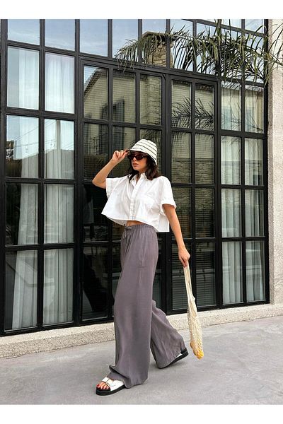 minaaise Γυναικείο Anthracite 100% Modal Elastic Waist Παντελόνι με λεπτομέρεια μπροστινής ραφής 29109