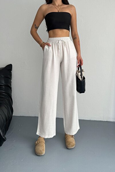 Polo State Women's Ecru Linen Wide Cut Trousers with Elastic Waist