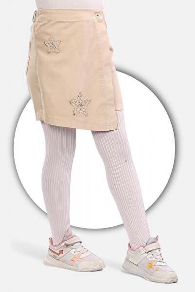 ModiClas % 100 Pamuk-Yıldız Nakışlı-Taş Süslemeli-Yarım Lastikli-Kız Çocuğu-Etekli Şort