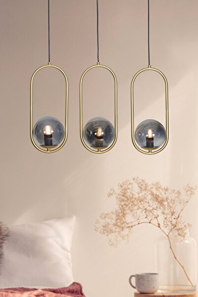 Luzarana Zenga 3 Lü Sarı Metal Gövde Füme Camlı Tasarım Lüx Sıralı Avize