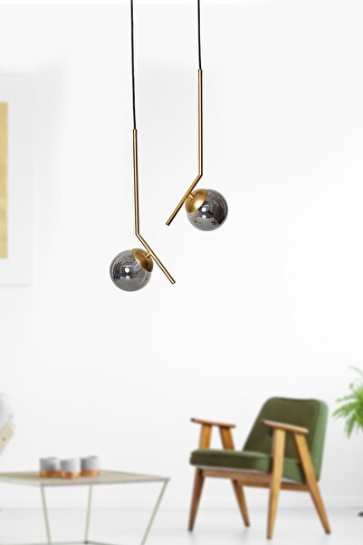 Luzarana Elit 2 li Sarı Siyah Metal Gövde Füme Camlı Tasarım Lüx Avize