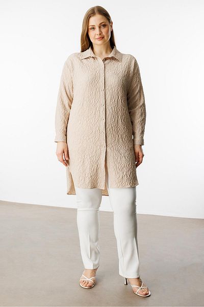Moda İlgi Large Size Women's Long Tunic 4218 Stone Seersucker