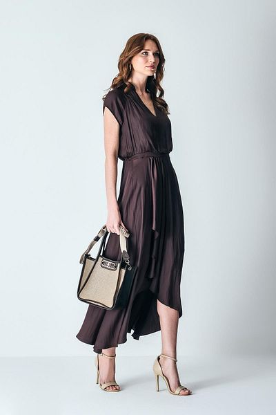 EXPLOSION Shiny Textured Gold Accessories V-Neck Double Breasted Closure Satin Midi Dress