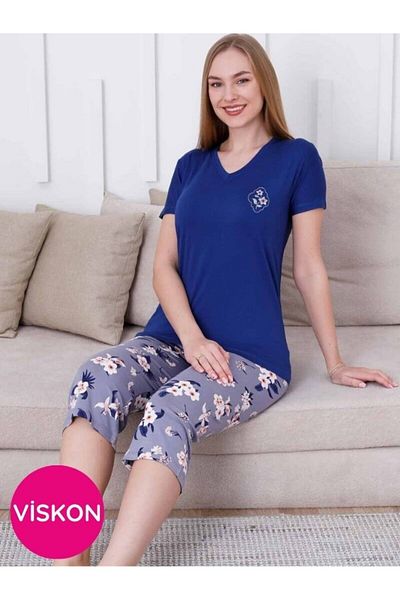 bie's Set de pijamale Capri cu mânecă scurtă din lycra, cu decolteu în V, cu model de flori albastre Saks