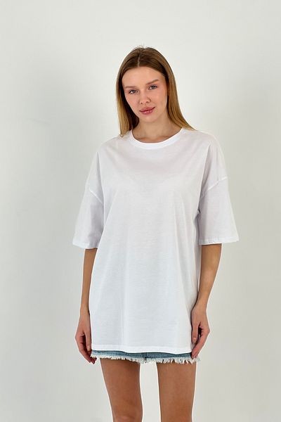 Miss Poem Women's Loose Summer Short Sleeve Oversize Long White T-Shirt