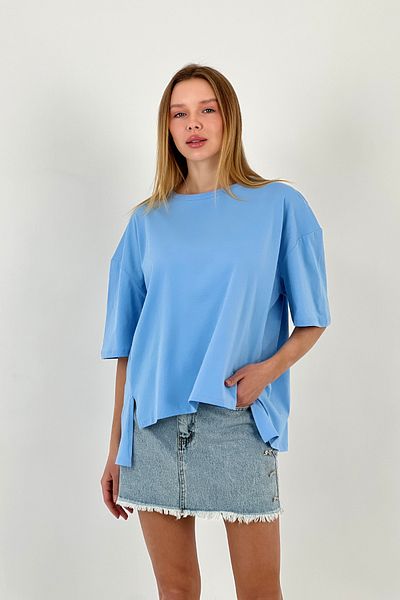 Miss Poem Women's Summer Short Sleeve Loose Oversize Blue T-Shirt