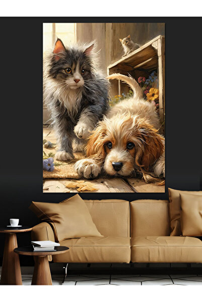 ekart Yavru Kedi Ve Köpek Dekoratif Kanvas - Mdf Ahşap Tablo
