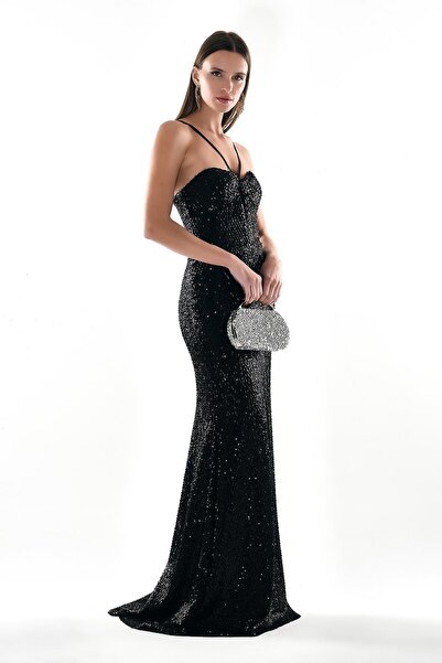 EXPLOSION فستان سهرة من الساتان مع ثنيات على الصدر