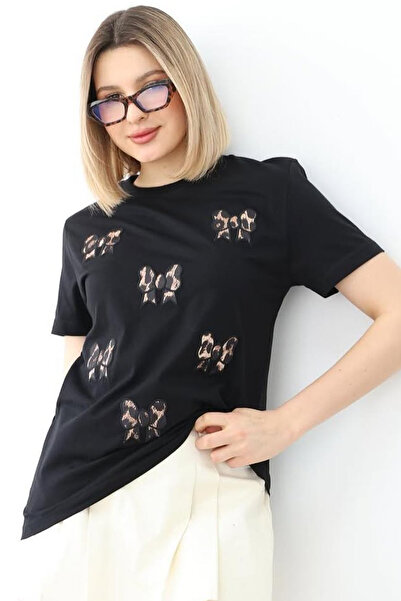 ESSFASIHON Μπλούζα με λαιμόκοψη με κέντημα Leopard Bow