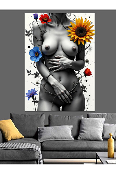 ekart Çiçekli Nü Kadın Figürü Dekoratif Kanvas - Mdf Ahşap Tablo