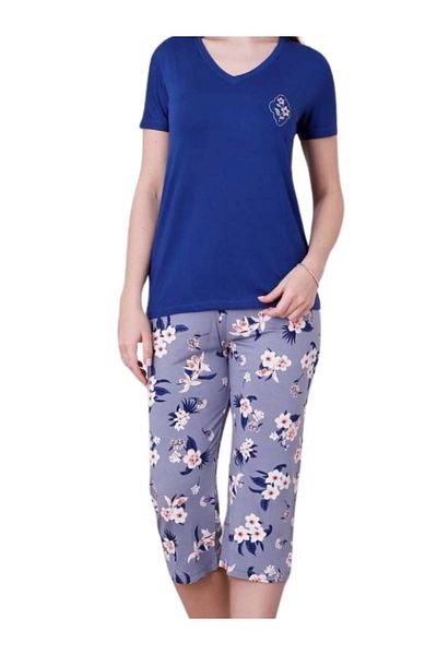bie's Set de pijamale Capri cu mânecă scurtă din lycra, cu decolteu în V, cu model de flori albastre Saks