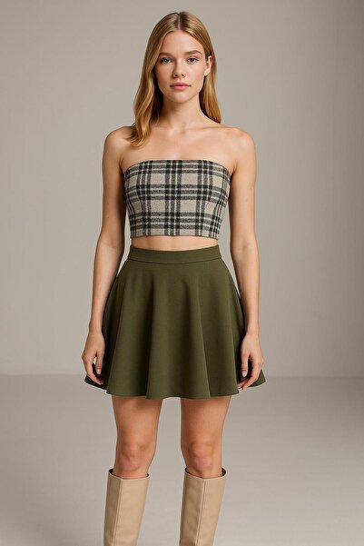 MERT ERKAN Straplez Crop Top & Mini Kloş Krep Etek Alt&Üst Takım