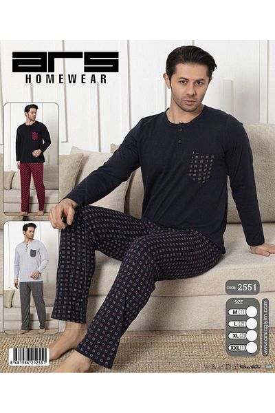 Ars Men's Pajama Set Cotton Plaid Long Sleeve Six Check Men's Pajama Set