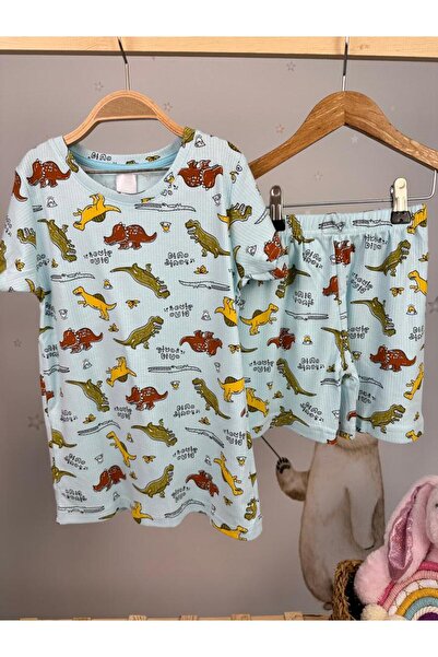 Little Miny Kids Minykids Dinosaur Patterned Twill Fabric Blue Shorts Pajama Set