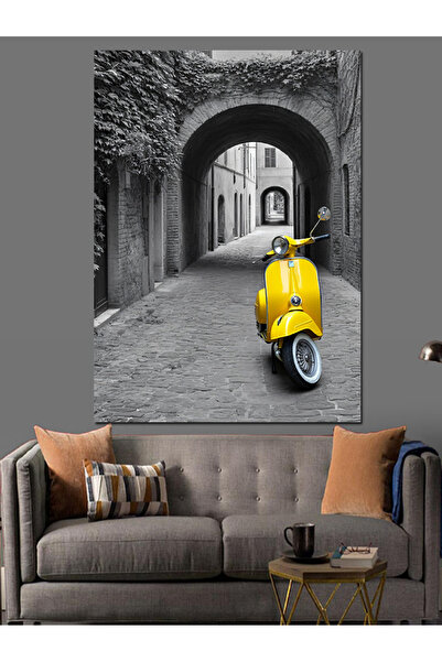 KanvasSepeti Vespa galbenă pe stradă Pictură în ulei decorativă Texturată Pân...