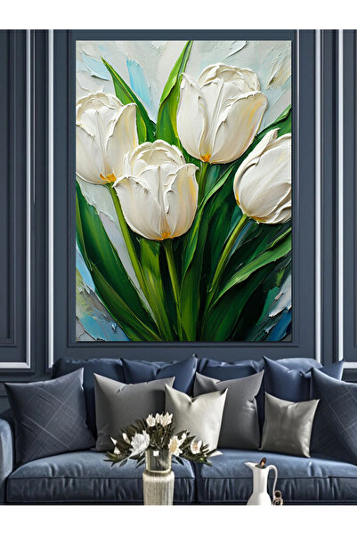 ekart Beyaz Lale Çizimi Dekoratif Kanvas - Mdf Ahşap Tablo