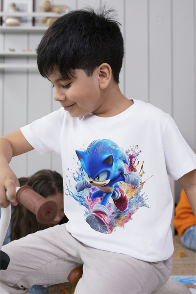 Texclusive الأبيض سونيك تي شيرت الاطفال للجنسين تي شيرت