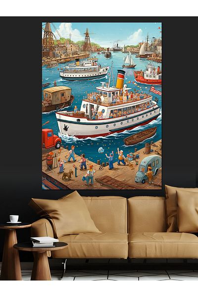 Tablomega Port and Ships Decorative Canvas - Mdf Wooden Painting