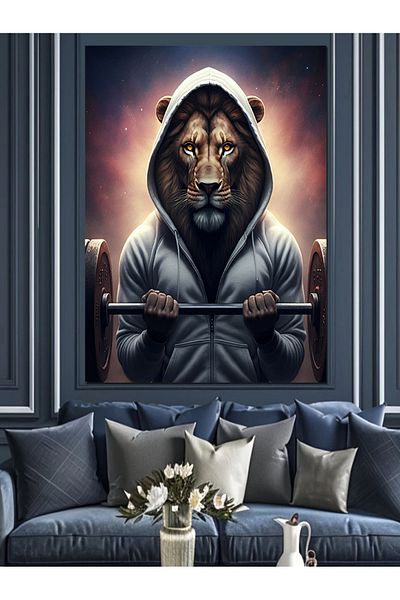 Tablomega Weight Lifting Lion Decorative Canvas - Mdf Wooden Table