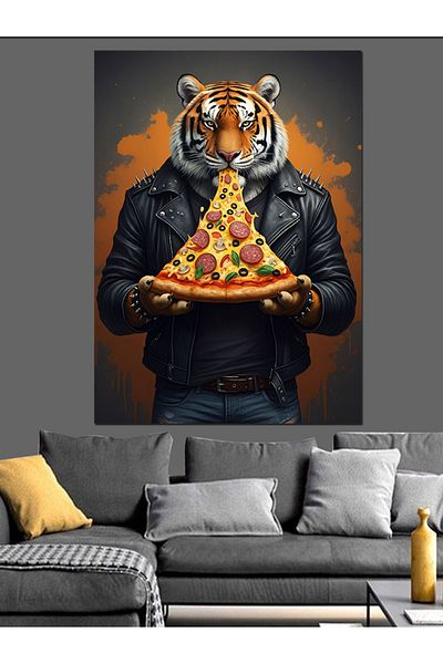 Tablomega Tiger Eating Pizza in Leather Jacket Decorative Canvas - Mdf Wooden Painting