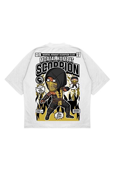 PURE EFFECT Tricou unisex supradimensionat Mortal Combat Scorpion, cu imprimeu pe spate, cu croiala groasă