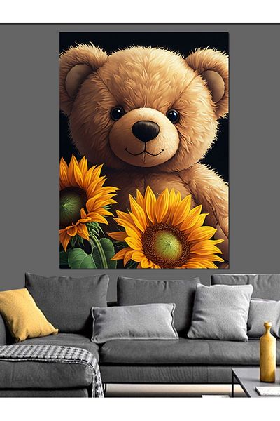 Tablomega Teddy Bear with Sunflower Decorative Canvas - Mdf Wooden Painting