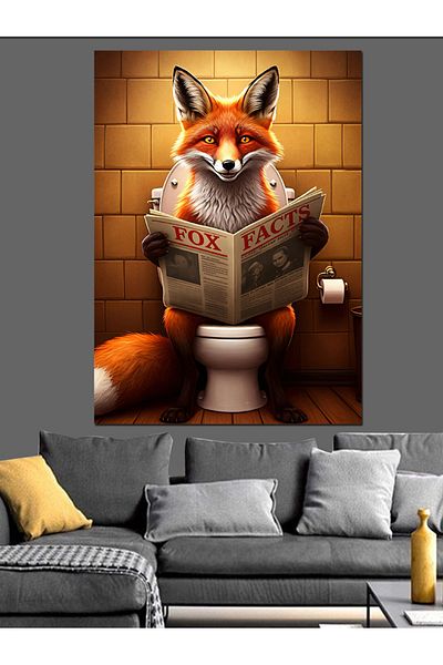Tablomega Fox Reading Newspaper in the Toilet Decorative Canvas - Mdf Wooden Painting