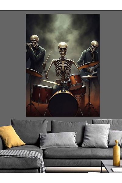 Tablomega Skeleton Drummers Decorative Canvas - Mdf Wooden Painting